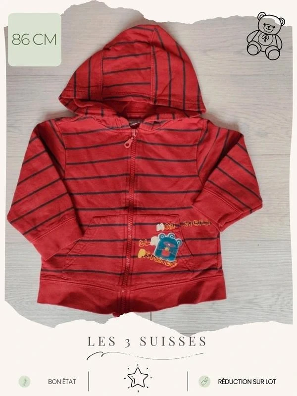 Veste zippée rouge rayée 🧸 Taille 86 cm 🧸 Les 3 suisses